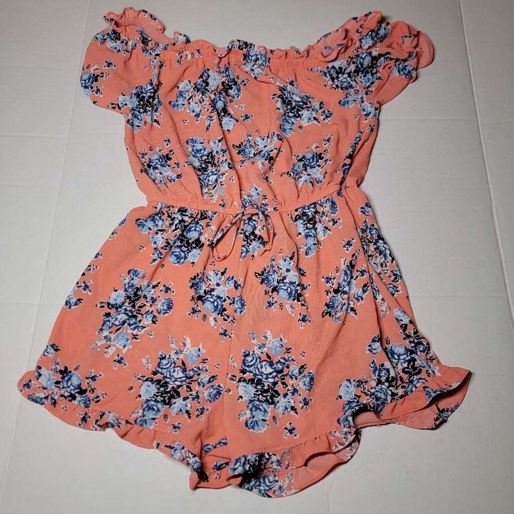 Ultra Flirt Pink With Blue Floral Off The Shoulder Romper Size Medium Junior